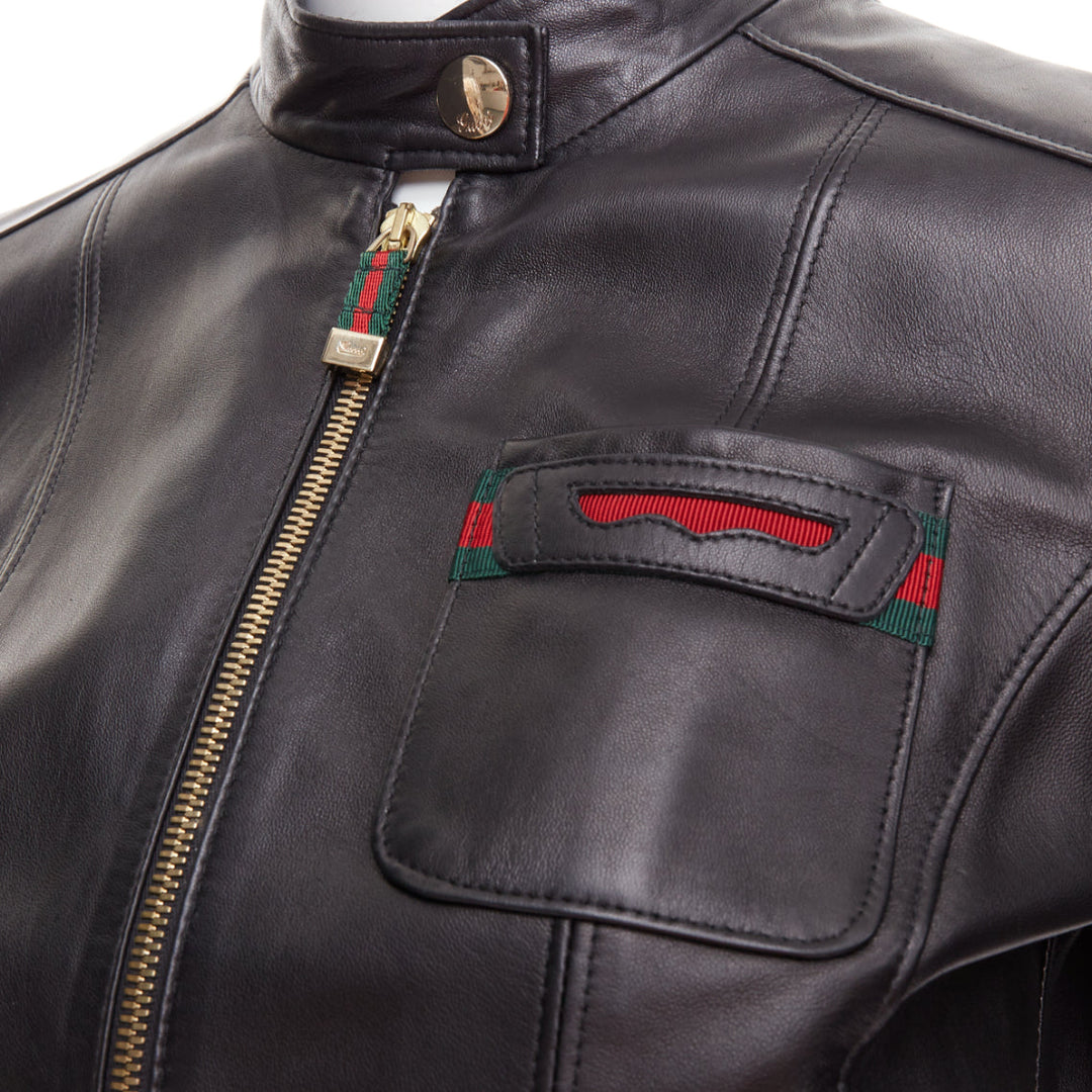GUCCI Vintage black leather green red web moto biker jacket IT38 XS