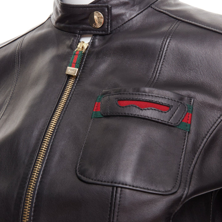 GUCCI Vintage black leather green red web moto biker jacket IT38 XS