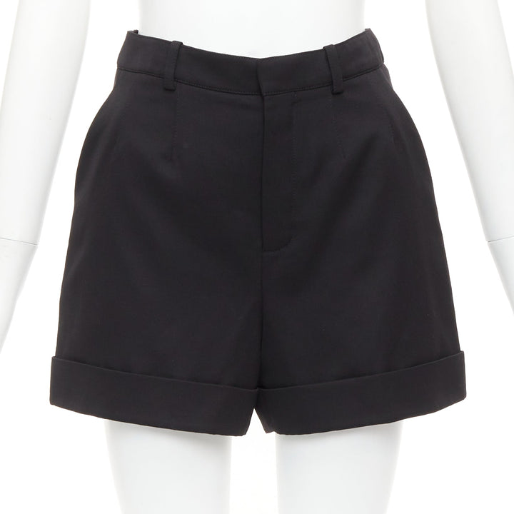 SAINT LAURENT 2019 black virgin wool cuffed high waisted shorts FR36 XS