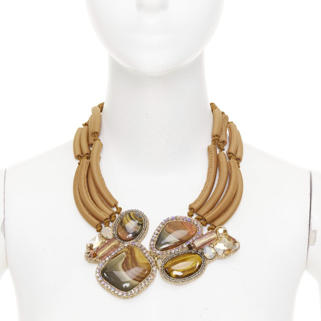 BEA VALDES Handcrafted Kittur  brown jasper stones crystal bugal bib necklace
