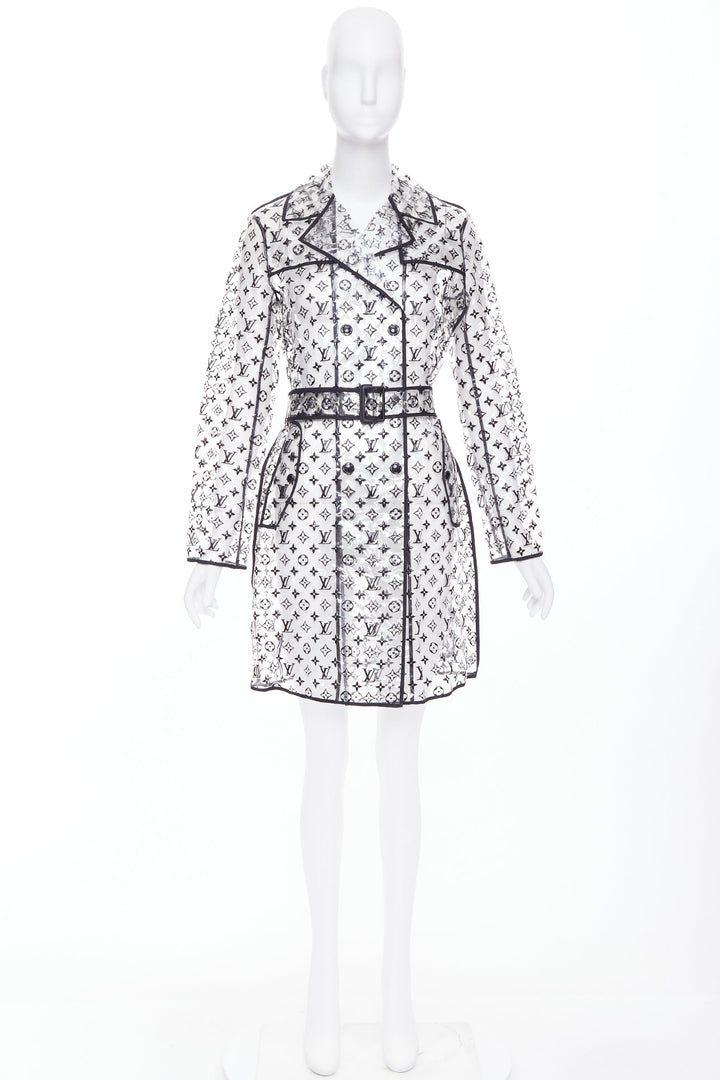 rare LOUIS VUITTON 2018 clear PVC black monogram belted trench coat FR36 S