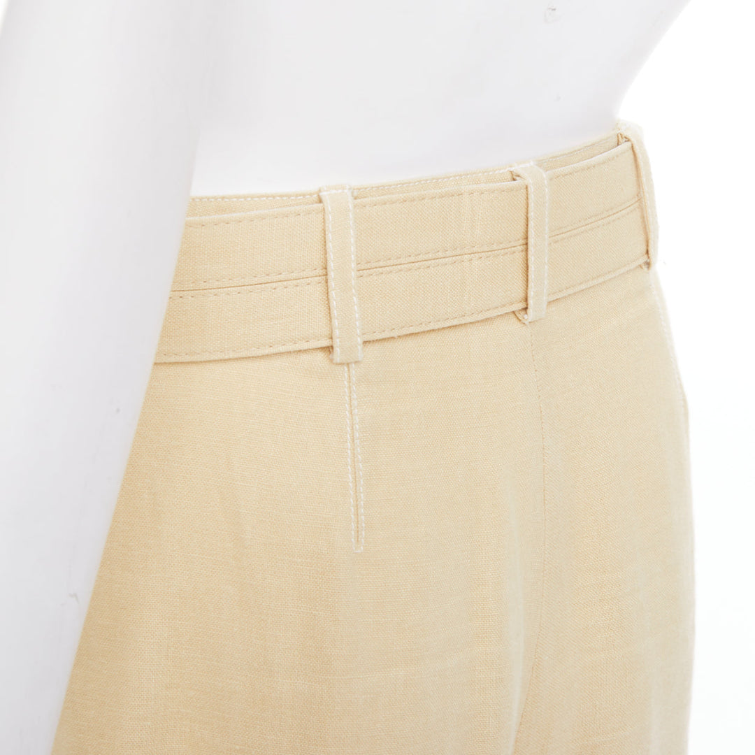NICHOLAS beige linen belted pleated front wide leg cropped utility pants FR36 S