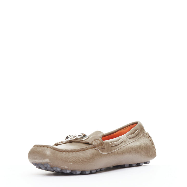 HERMES Irving stone taupe leather silver stud driving loafers EU35.5