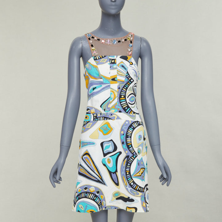 EMILIO PUCCI Vintage crystal rhinestone mesh collar graphic print dress IT40 M