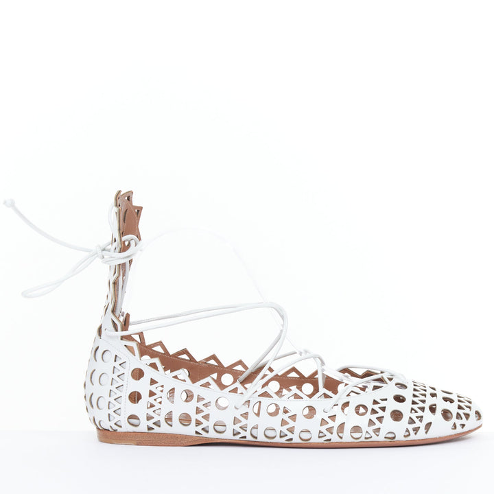 ALAIA Vienne white leather laser cut perforated lace up ballerina flats EU37
