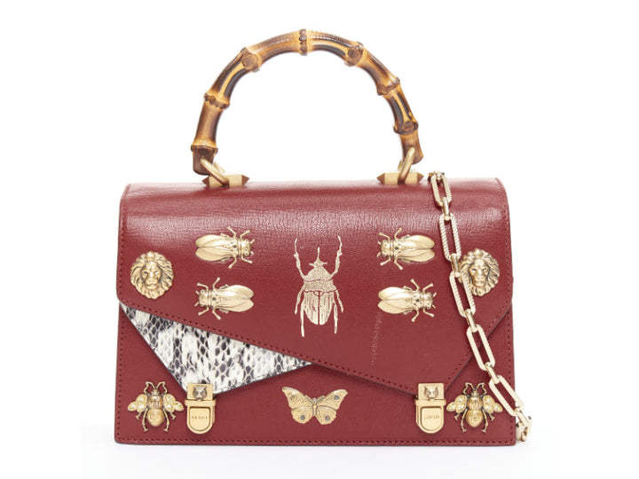 GUCCI Ottilia Bamboo Top Handle red gold insect embellished bag