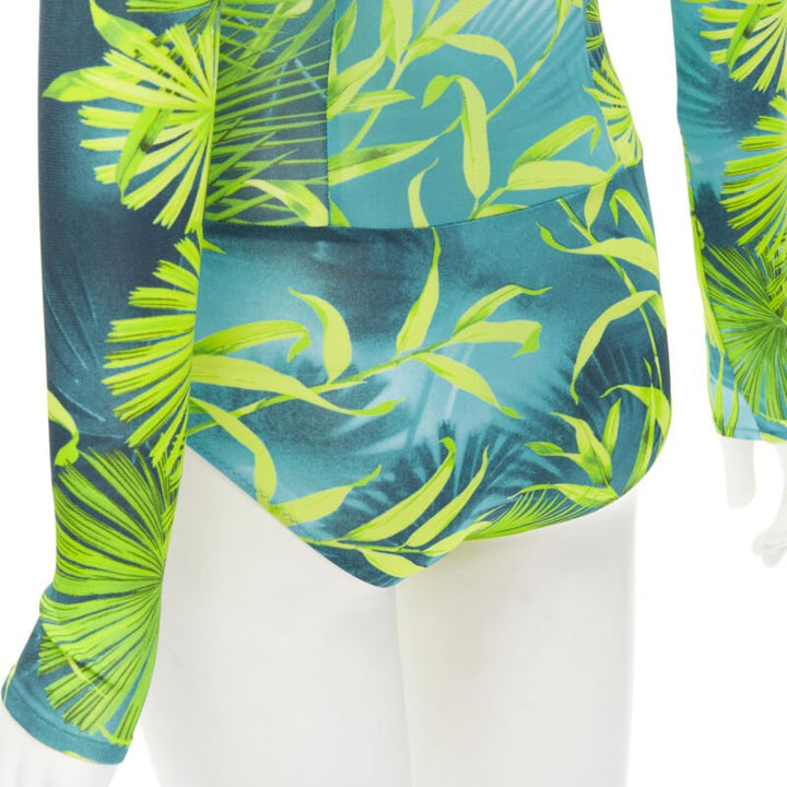 Runway VERSACE Jlo Jungle print green viscose plunge neck bodysuit IT36 XS