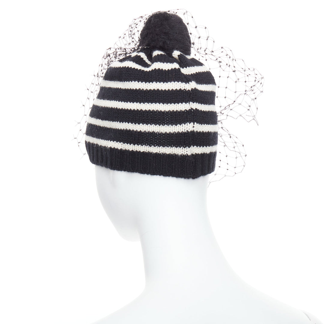 BERNSTOCK SPEIRS 100% cashmere black white striped veil beanie