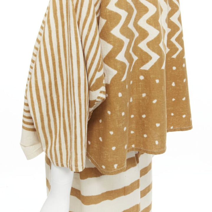 ISSEY MIYAKE 1980's Vintage beige yellow tribal stripe boxy top skirt set