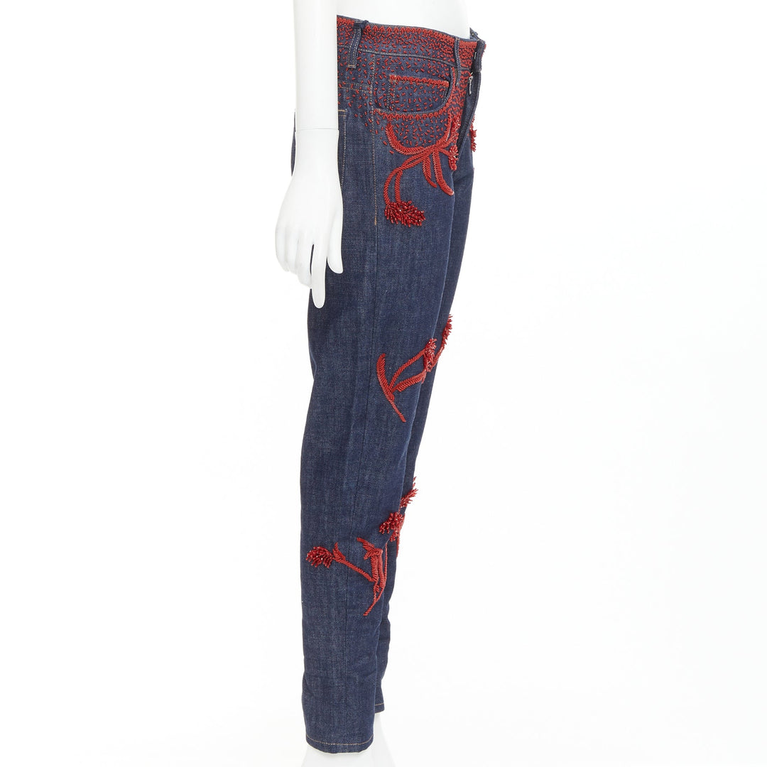 PRADA 2017 Runway red beaded floral embellishment straight leg cropped jeans 25"