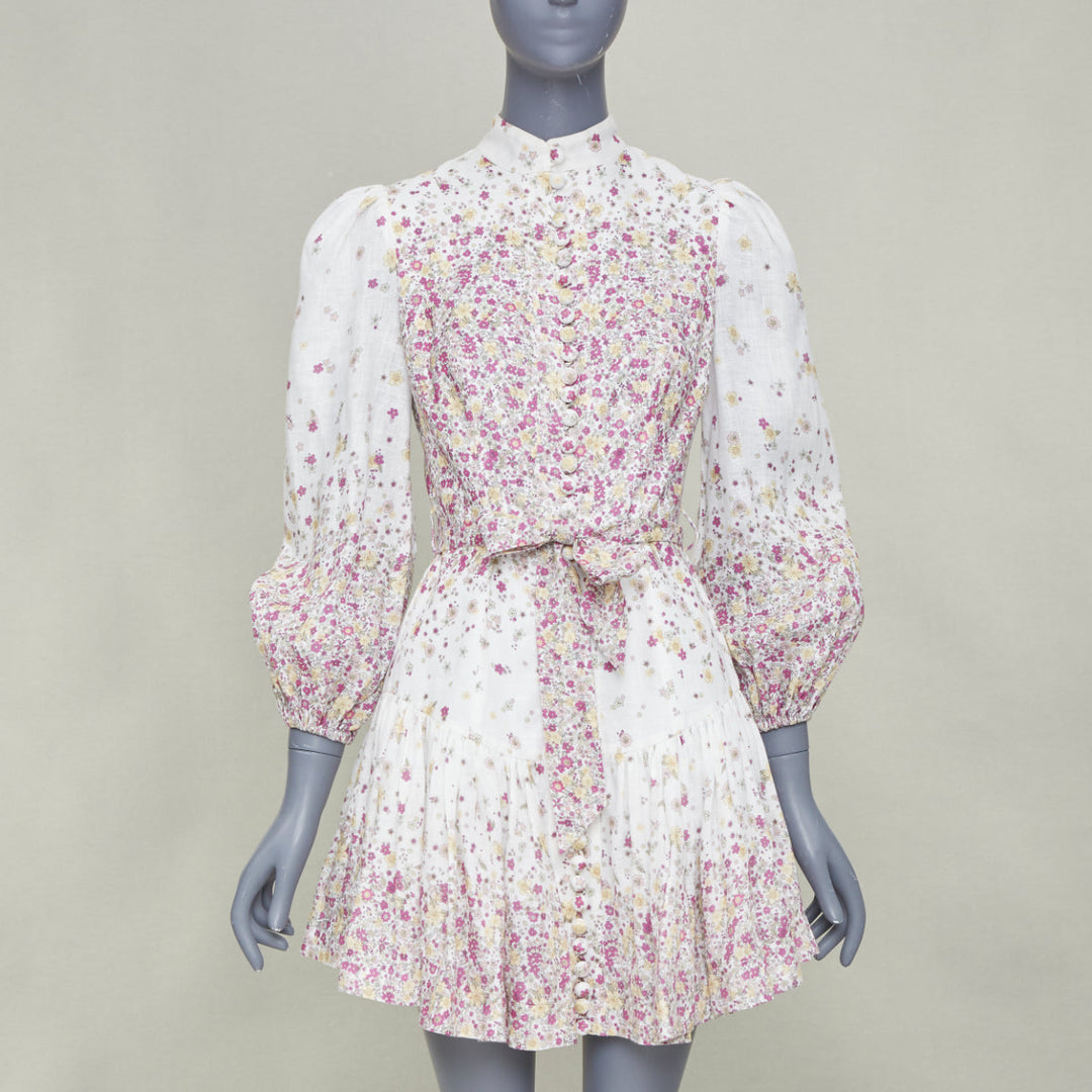 ZIMMERMANN 2020 Carnaby micro flower print white pink linen mini dress Sz1 S