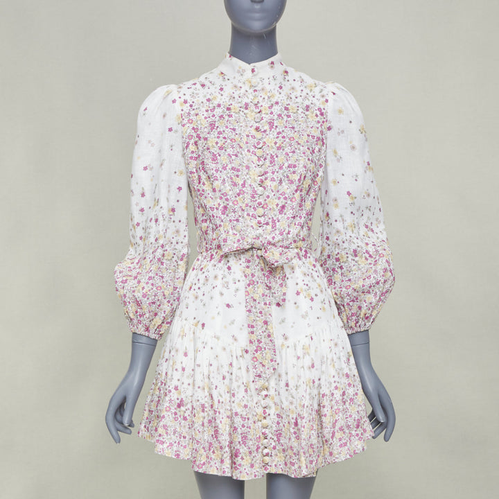 ZIMMERMANN 2020 Carnaby micro flower print white pink linen mini dress Sz1 S