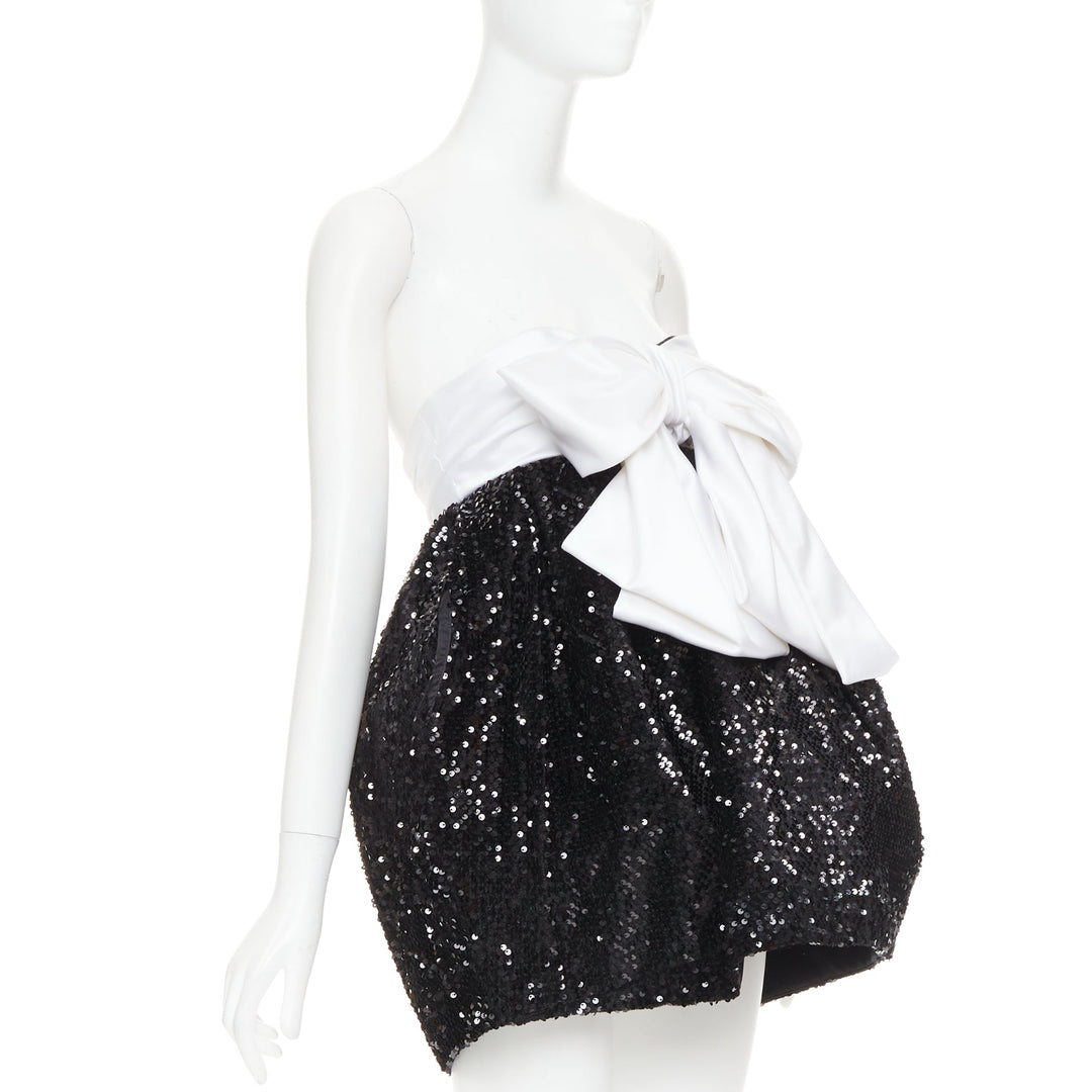 ALEXANDRE VAUTHIER SS2019 Runway white satin bow black sequin pouf mini dress