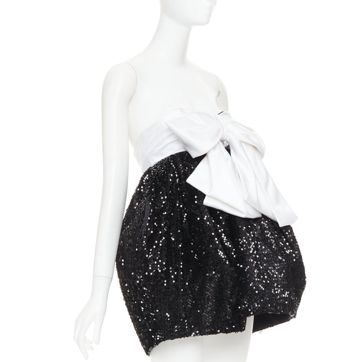 ALEXANDRE VAUTHIER SS2019 Runway white satin bow black sequin pouf mini dress
