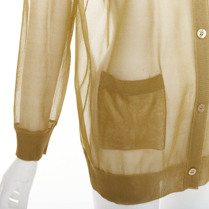 SAINT LAURENT 2024 100% silk  beige gold sheer crew neck cardigan top L