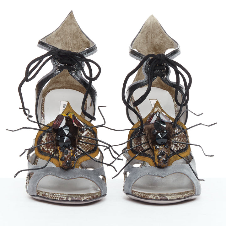 rare MIU MIU 2010 Runway Spider embellished grey leather heeled sandals EU36