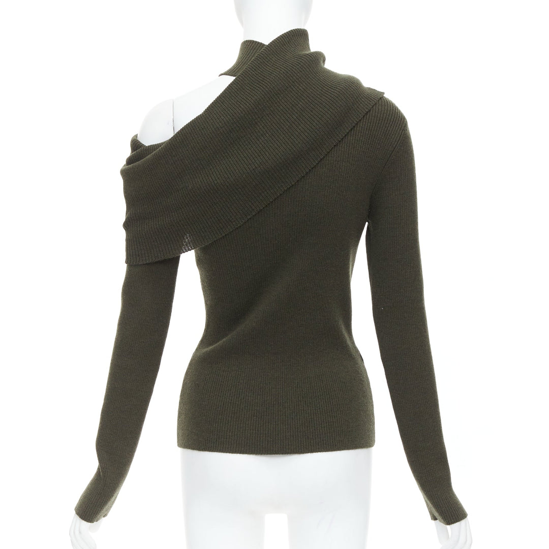 MONSE green merino wool fold over draped off shoulder sweater S