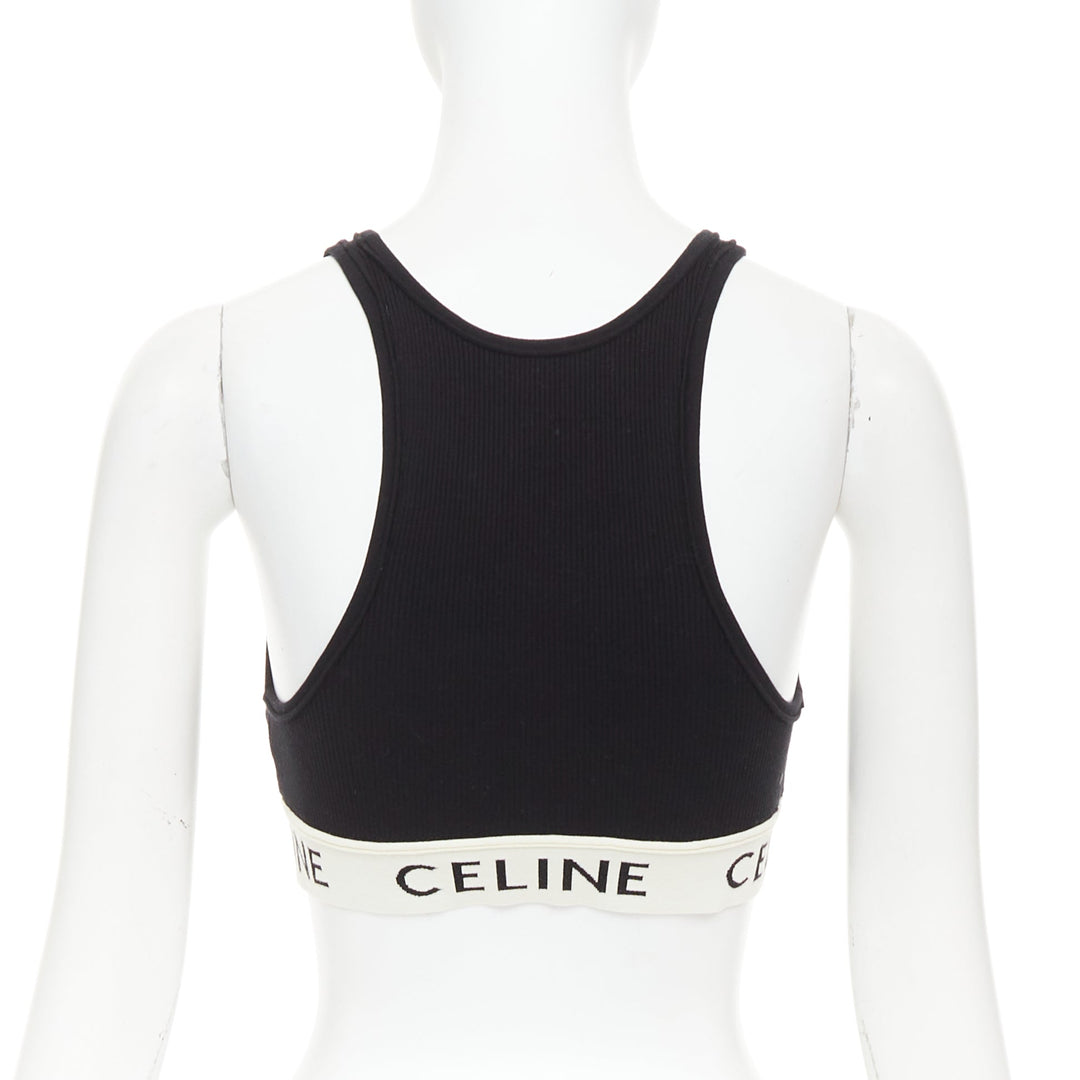 CELINE black cotton blend cream ribbed logo round neck bra top  Lisa Blackpink