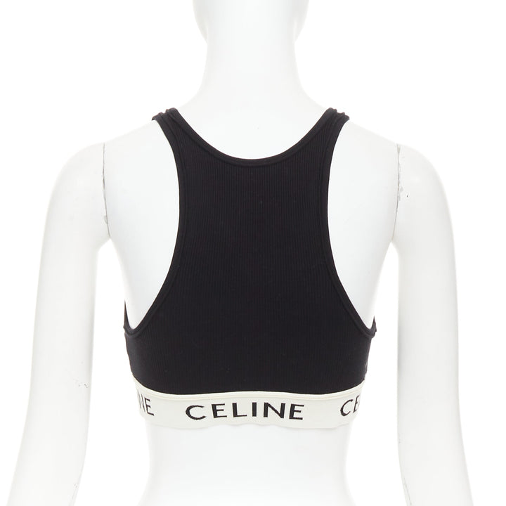 CELINE black cotton blend cream ribbed logo round neck bra top  Lisa Blackpink