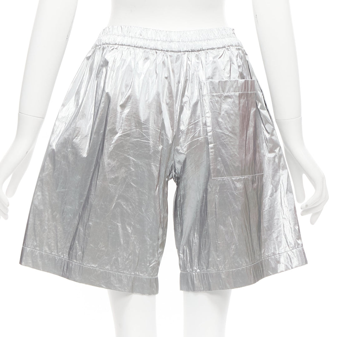 DRIES VAN NOTEN metallic silver elasticated waist wide leg shorts FR34 XS