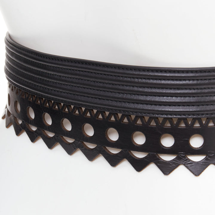 ALAIA Vienne black leather laser cut scalloped  wide waist belt 65cm