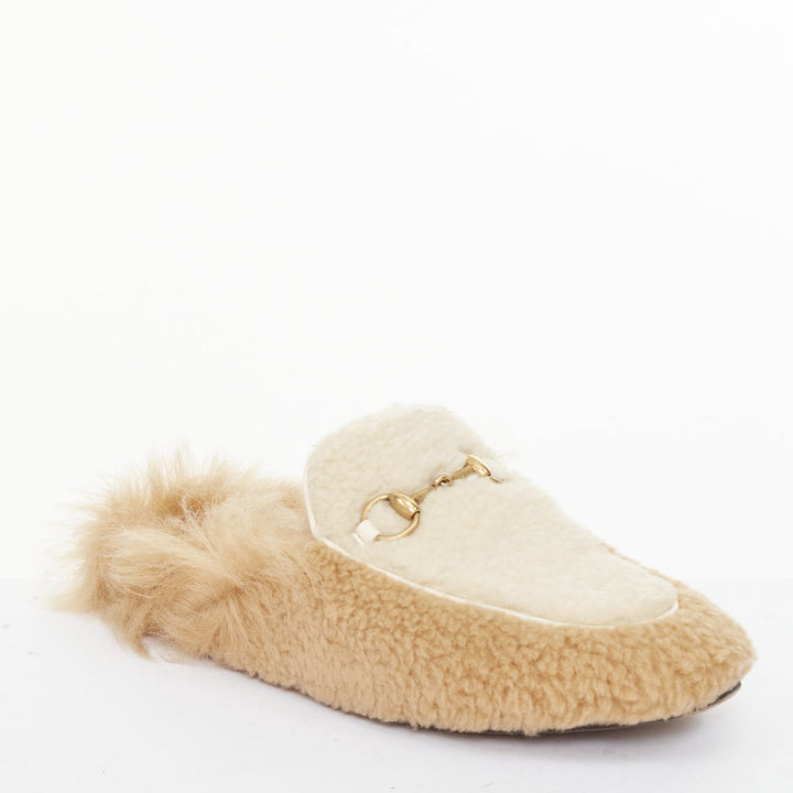 GUCCI Princetown beige shearling horsebit backless loafer mules EU37