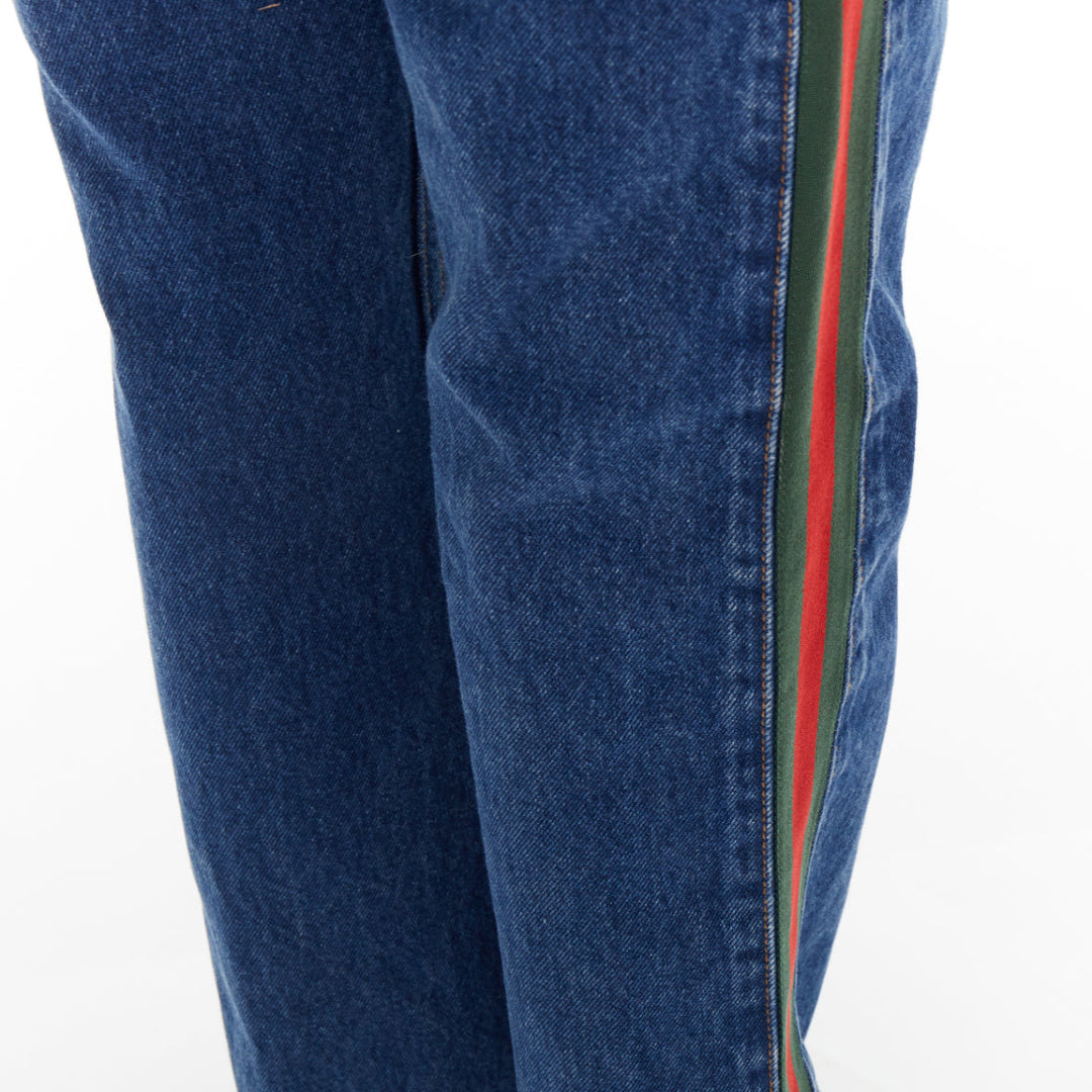 GUCCI blue cotton blend signature green red web trim straight leg jeans 31"