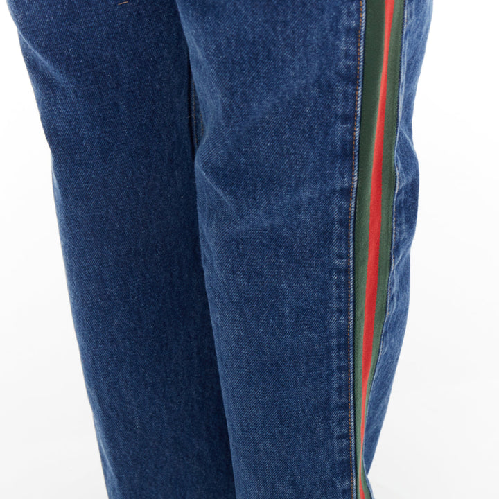 GUCCI blue cotton blend signature green red web trim straight leg jeans 31"