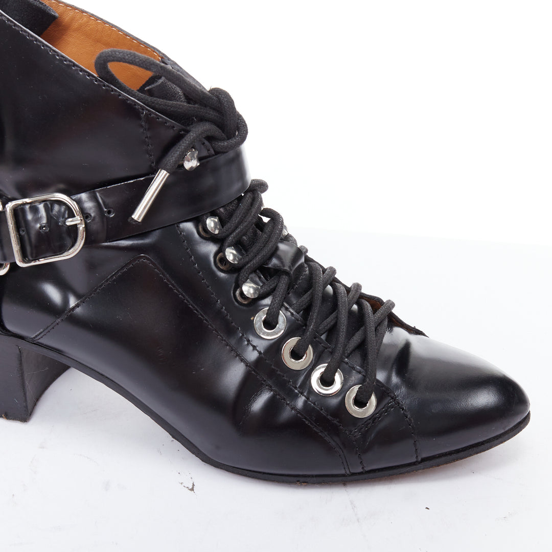 BALENCIAGA black leather silver buckles laced harness booties EU38.5