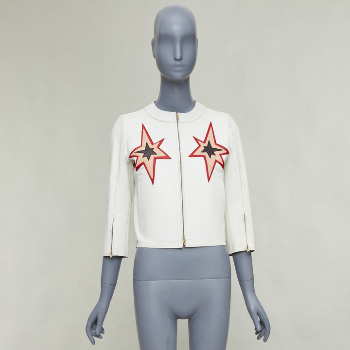 MIU MIU 2011 white lambskin leather red star patchwork crop moto jacket IT40 S