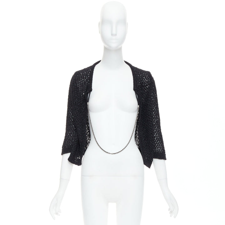 CHANEL 2004 black cotton blend CC chain link open knit cardigan FR38 M