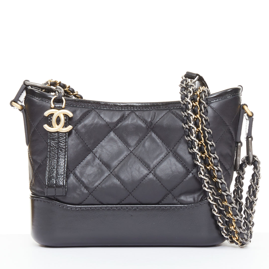 CHANEL Gabrielle Small black aged leather mix metal chain CC crossbody hobo bag