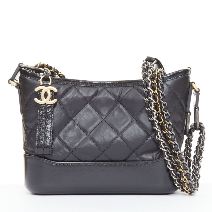 CHANEL Gabrielle Small black aged leather mix metal chain CC crossbody hobo bag