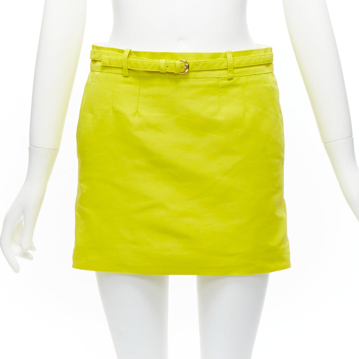 GUCCI 2011 neon yellow gold skinny belt darted slant pockets mini skirt IT36 XXS