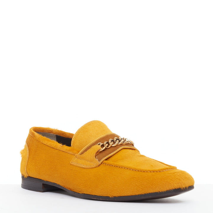 TOM FORD mustard yellow calf hair gold chain velvet moccasin loafers UK8 EU42