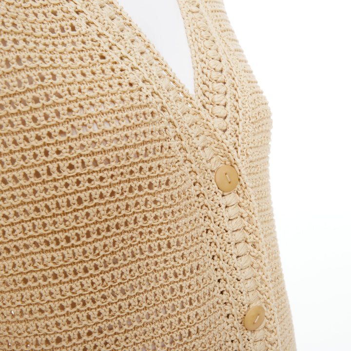 VINCE beige cream nude open work cotton mesh crochet knit button cardigan S