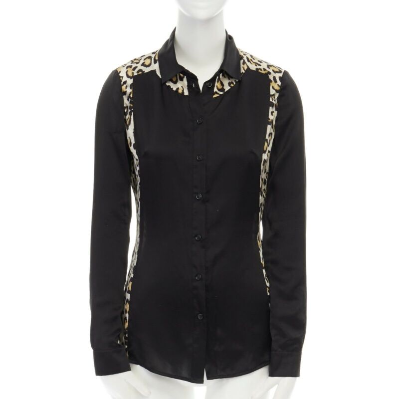 JUST CAVALLI 100% silk black leopard  button front shirt IT40 S