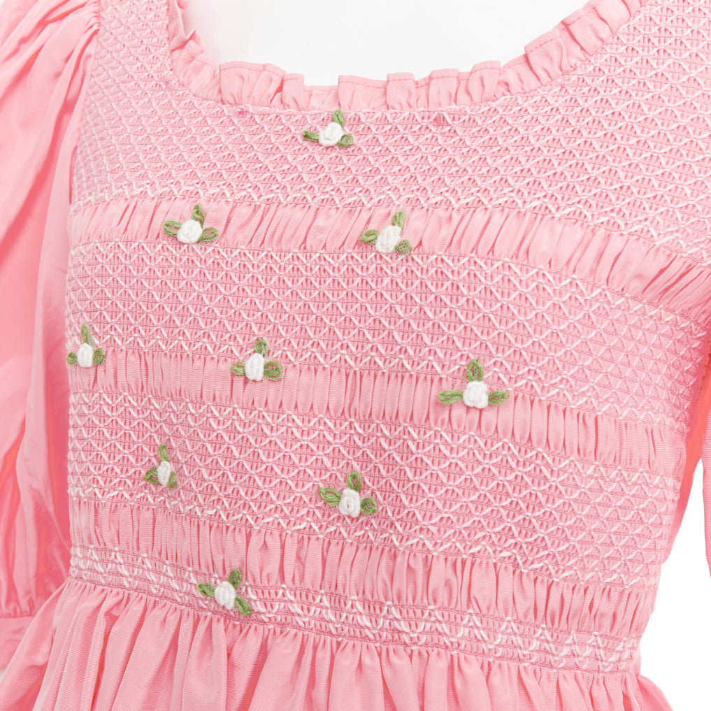 MIU MIU 2020 pink silk white flower embroidered smocked Cottage dress IT40 S