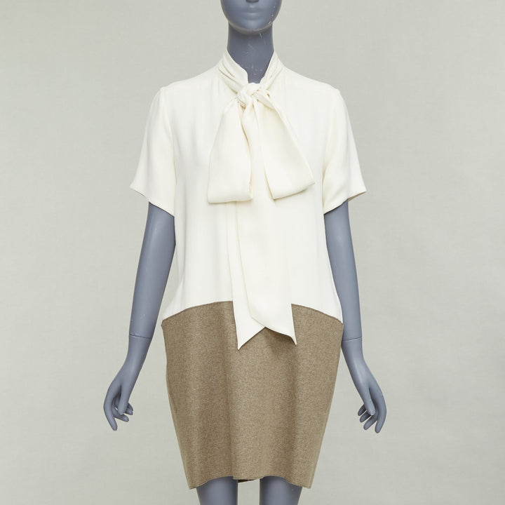 OLD CELINE Phoebe Philo cream taupe silk wool felt drop waist shirt dress FR38 M