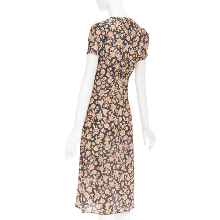 REALISATION Monica silk brown black floral shell buttons puff sleeve dress XS