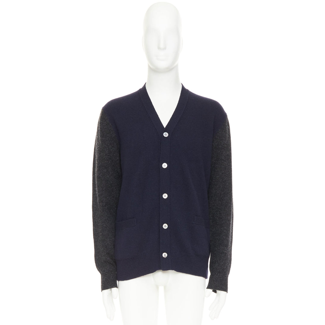 COMME DES GARCONS HOMME 2009 navy grey wool blend 2-tone cardigan sweater L