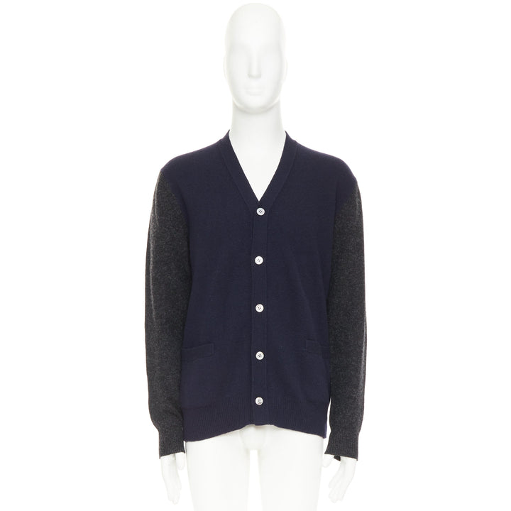 COMME DES GARCONS HOMME 2009 navy grey wool blend 2-tone cardigan sweater L
