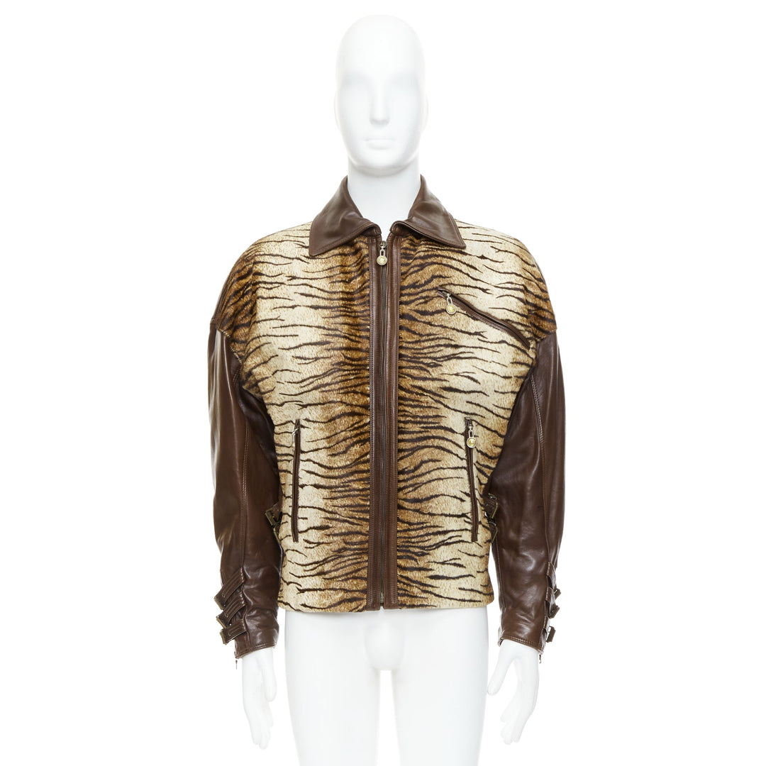 GIANNI VERSACE 1992 Vintage S&M bondage buckle Tiger bomber jacket IT48 M