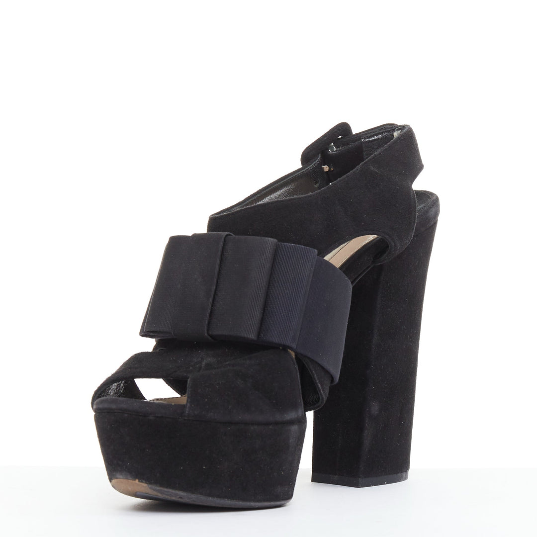 MIU MIU black suede grosgrain origami bow chunky platform heels EU35