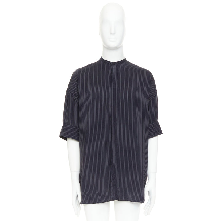HAIDER ACKERMANN black pinstriped bishop collared half sleeve shirt S