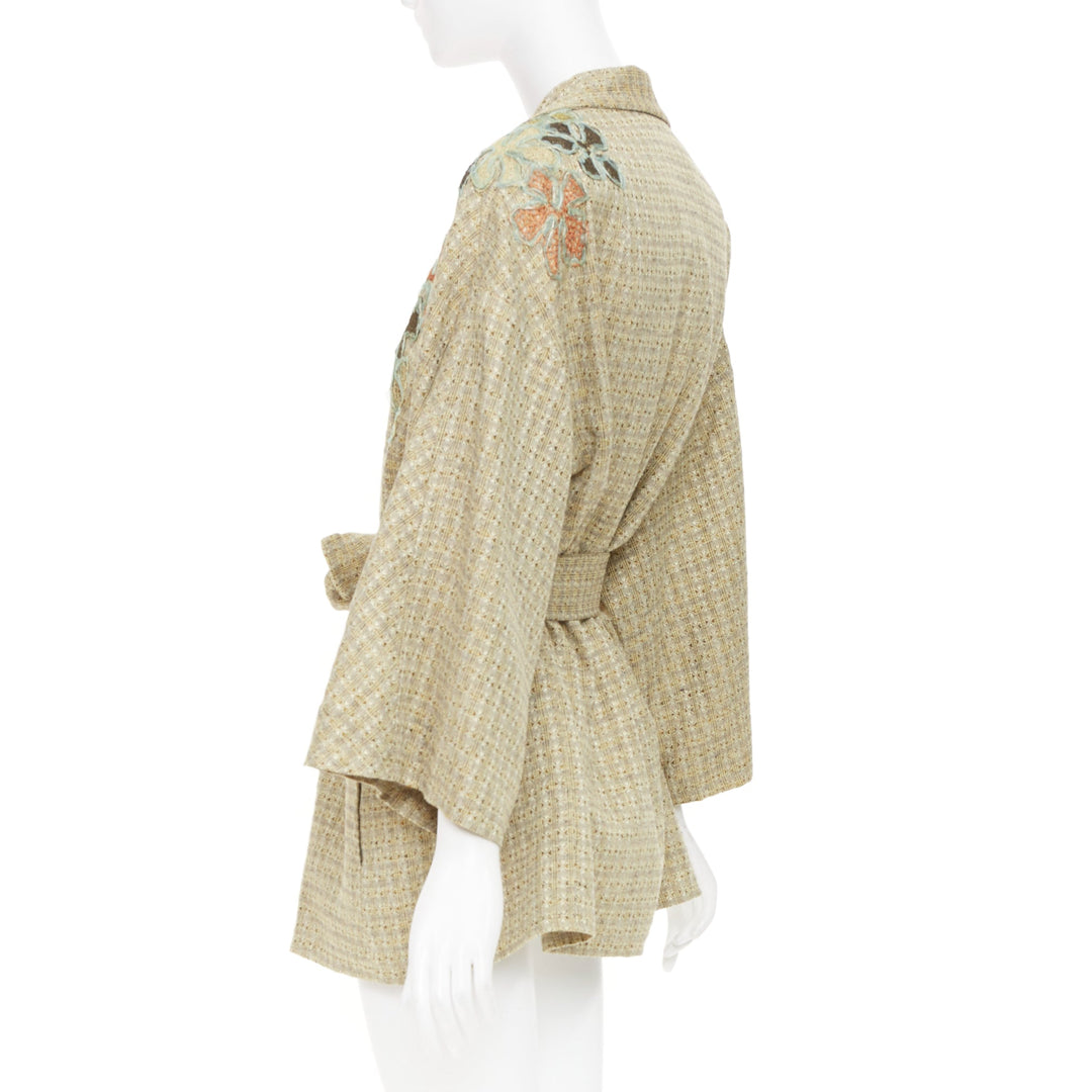 CHRISTIAN LACROIX Vintage gold tweed floral embroidered belted jacket FR42 L