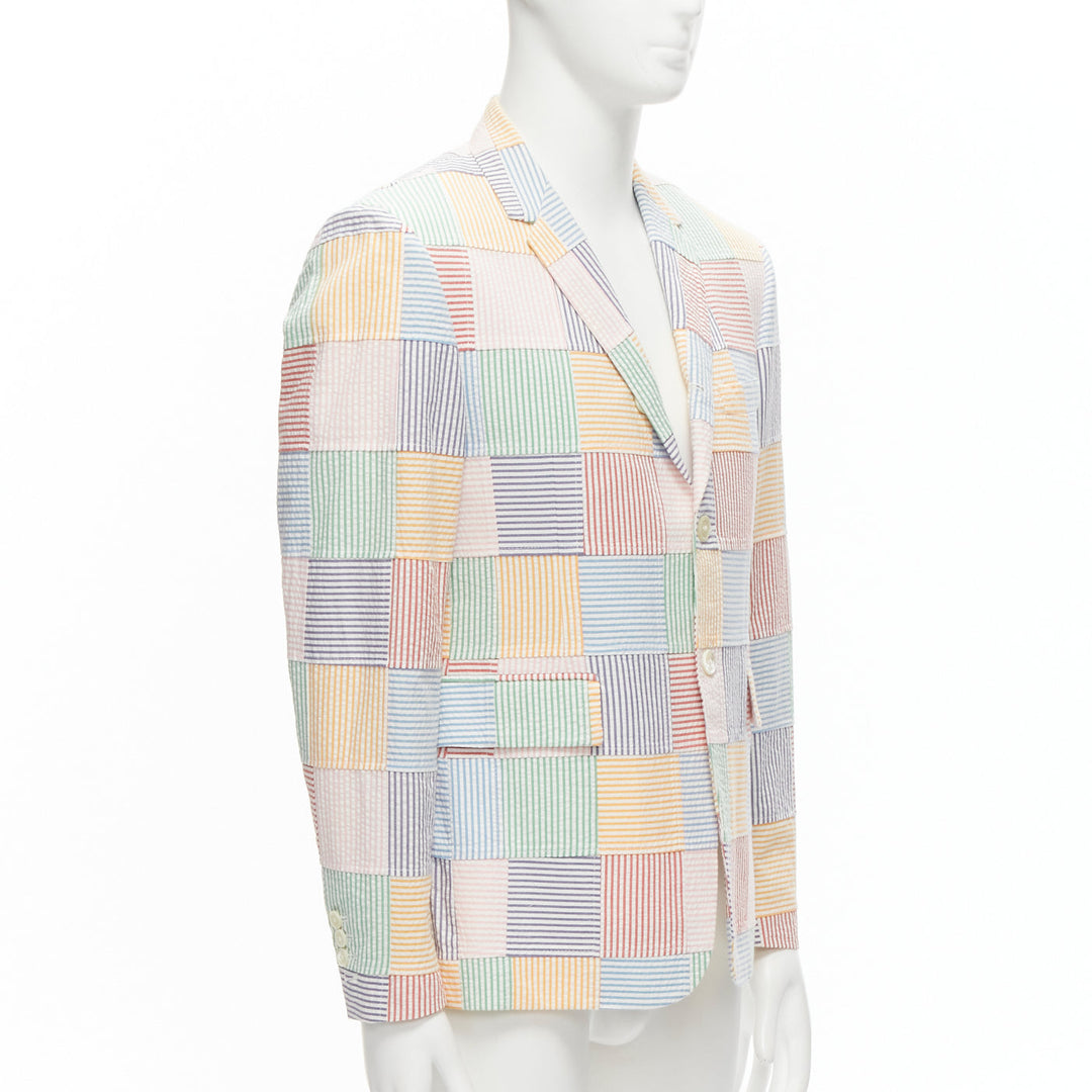 THOM BROWNE colourful stripes patchwork seersucker 2 button blazer jacket Sz 2 M