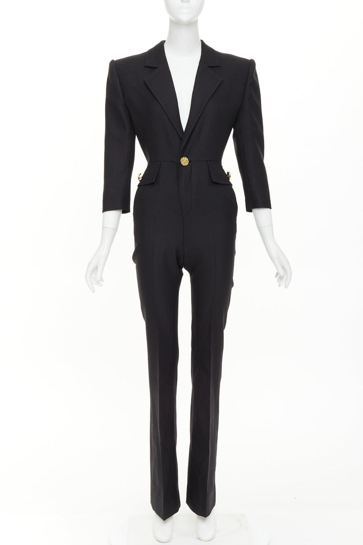 SAINT LAURENT 2022 black wool padded shoulder lapel blazer jumpsuit FR34 XS