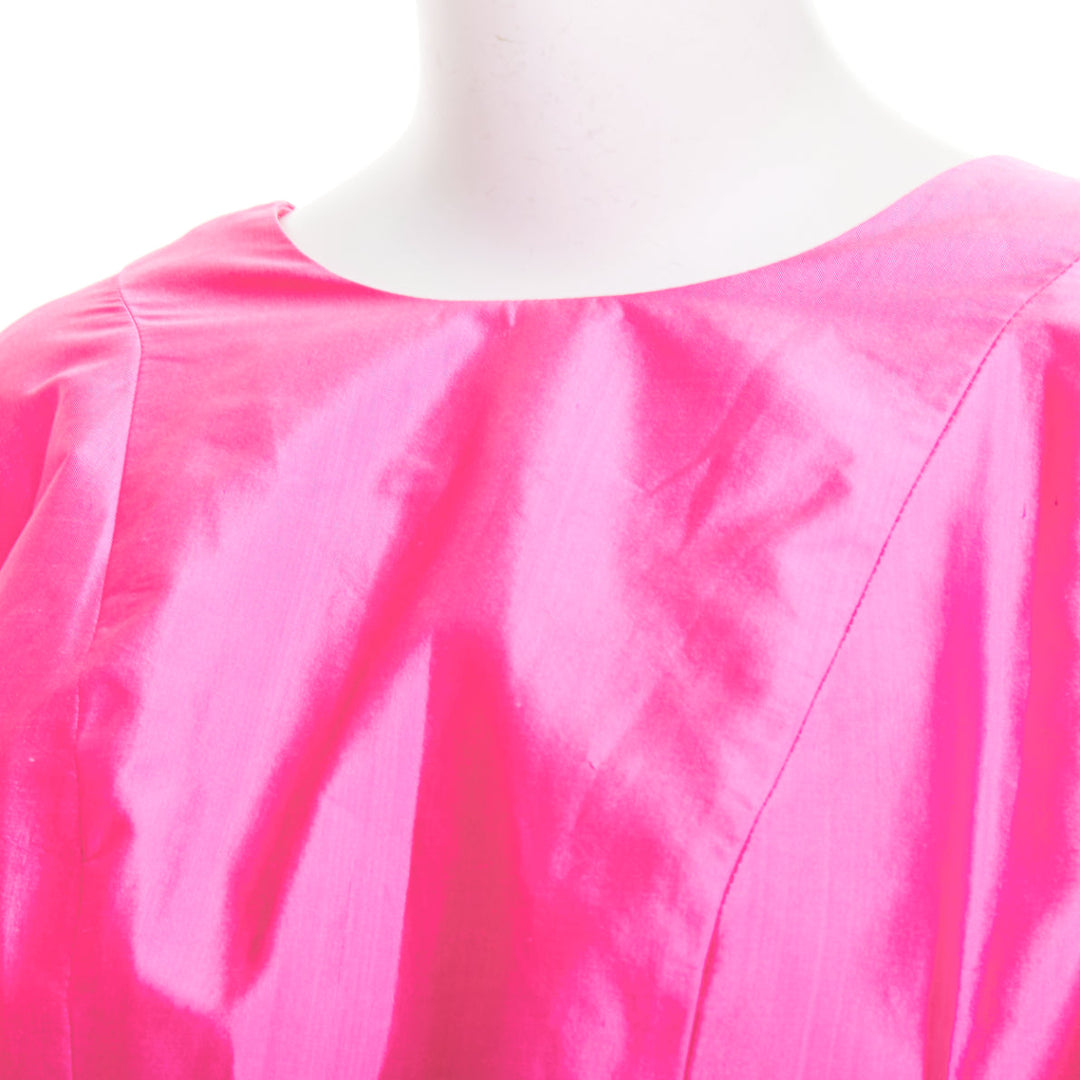 ROSARIO hot pink 100% silk shiny puff sleeves cinched waist midi dress FR36 S