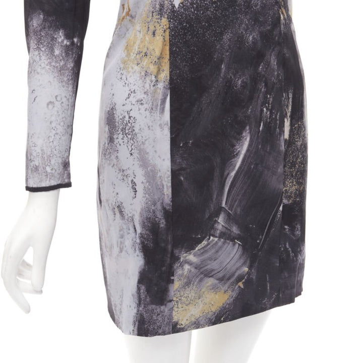 HELMUT LANG abstract grey gold paint stroke print mini dress S